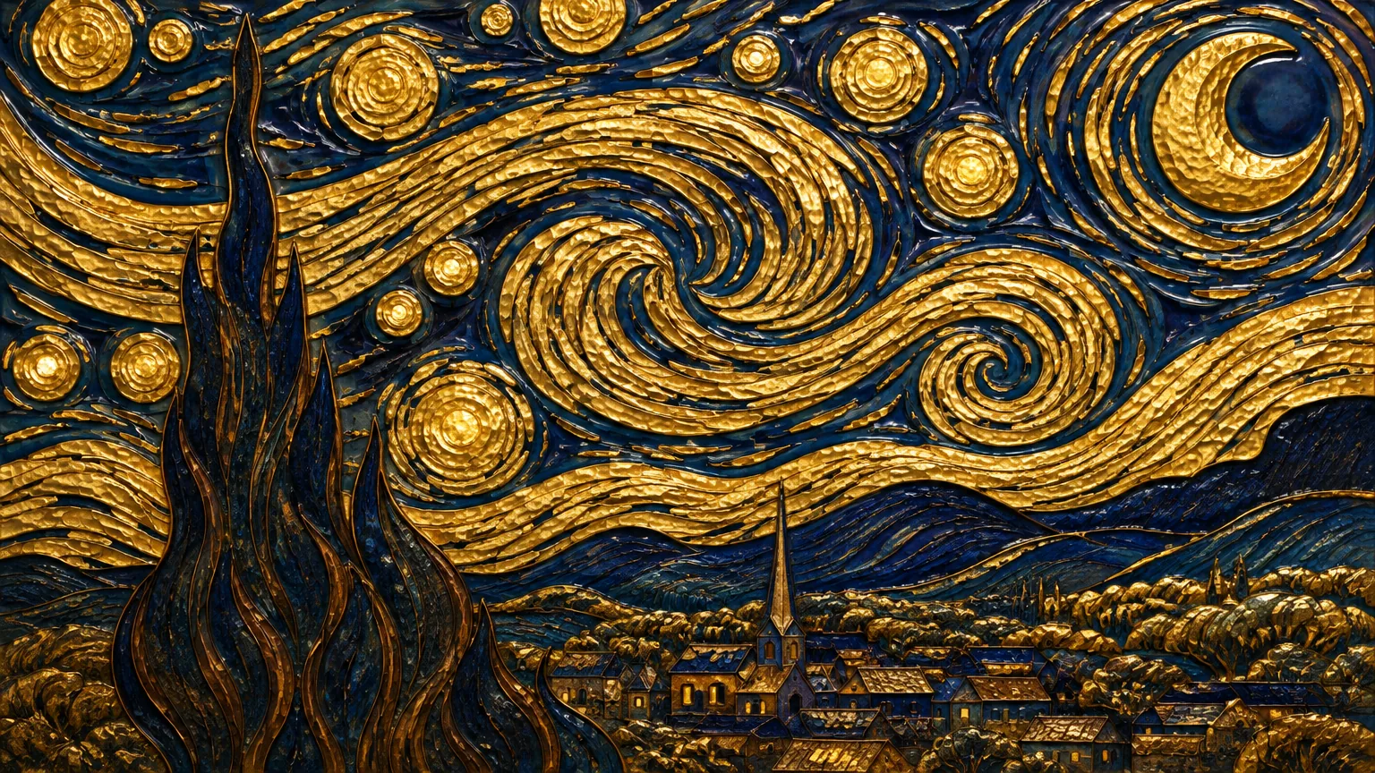 Starry Night in Gold: AI remake of The Starry Night by Vincent van Gogh
