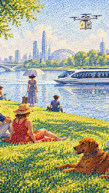 La Grande Jatte, 2080: AI remake of A Sunday Afternoon on the Island of La Grande Jatte by Georges Seurat, phone wallpaper