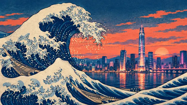 The Great Wave, City at Dusk: AI remake of The Great Wave off Kanagawa by Katsushika Hokusai