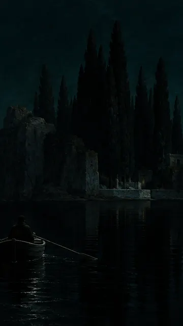 Isle of the Dead, Nocturne: AI remake of Isle of the Dead by Arnold Böcklin, phone wallpaper