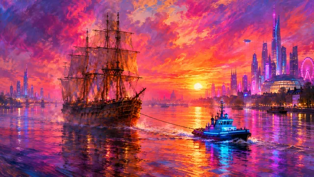 The Neon Temeraire: AI remake of The Fighting Temeraire by J. M. W. Turner