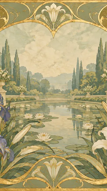 Art Nouveau Iris Garden: AI remake of Decorative panels by Alphonse Mucha, phone wallpaper