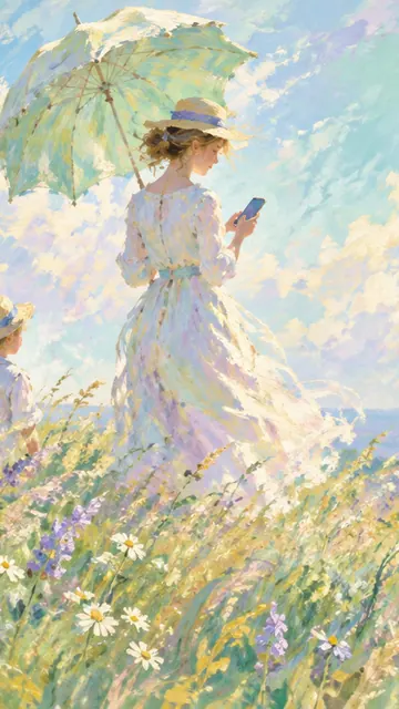 Woman with a Parasol, Today: AI remake of Woman with a Parasol by Claude Monet, phone wallpaper
