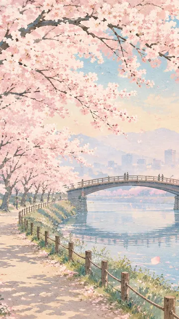 Sakura River Walk: AI remake of Cherry blossom prints by Utagawa Hiroshige, phone wallpaper