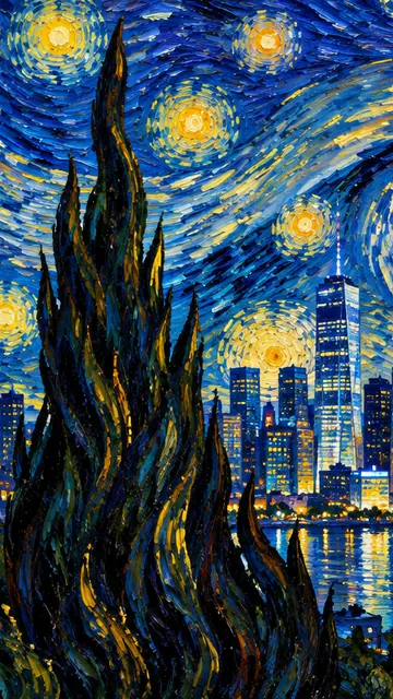 Starry Night over the City: AI remake of The Starry Night by Vincent van Gogh, phone wallpaper