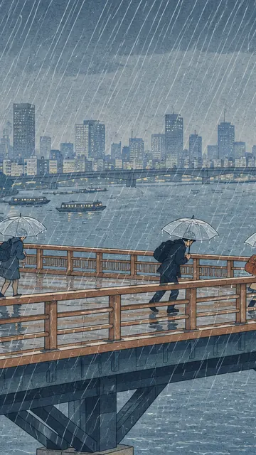 Sudden Shower over the City Bridge: AI remake of Sudden Shower over Shin-Ohashi Bridge by Utagawa Hiroshige, phone wallpaper