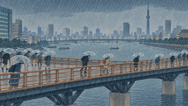 Sudden Shower over the City Bridge: AI remake of Sudden Shower over Shin-Ohashi Bridge by Utagawa Hiroshige