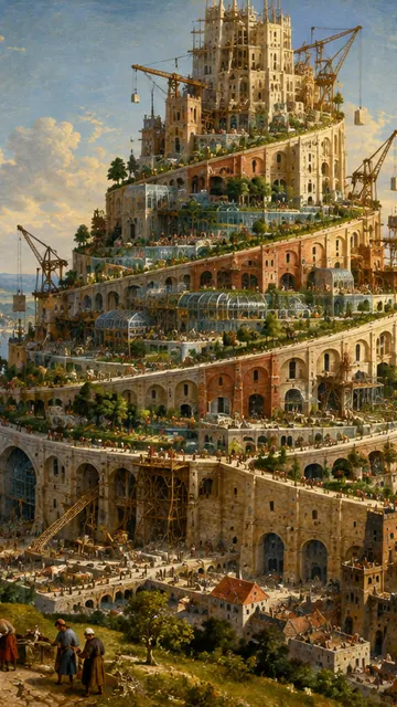 The Tower of Babel, Arcology: AI remake of The Tower of Babel by Pieter Bruegel the Elder, phone wallpaper